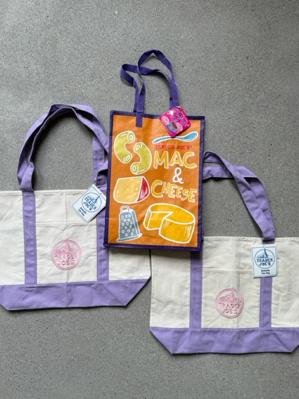 (2) LARGE Lavender 💜 Trader Joe’s Canvas Tote Bags 🎁 FREE Comfort Foods TJ Bag